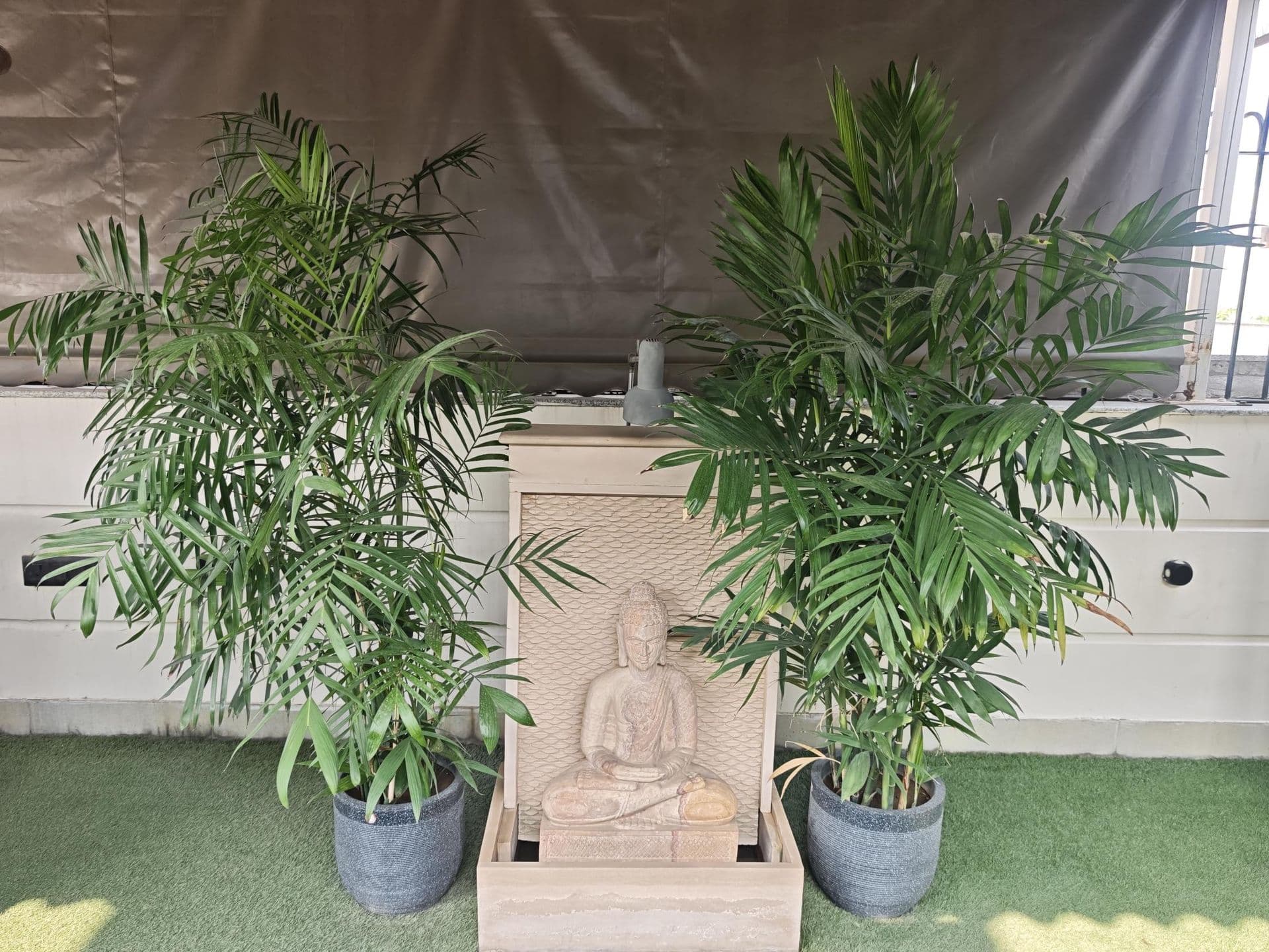 Satsang, bhajan and kirtan evenings at Terraza de Fiesta GK2: A stone Buddha fountain between two potted palms